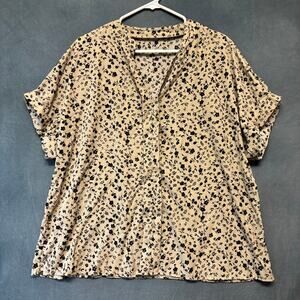 SHEIN Curve 1X Floral Blouse Stretchy Tan Black V-Neck Short Sleeve Boho Cottage